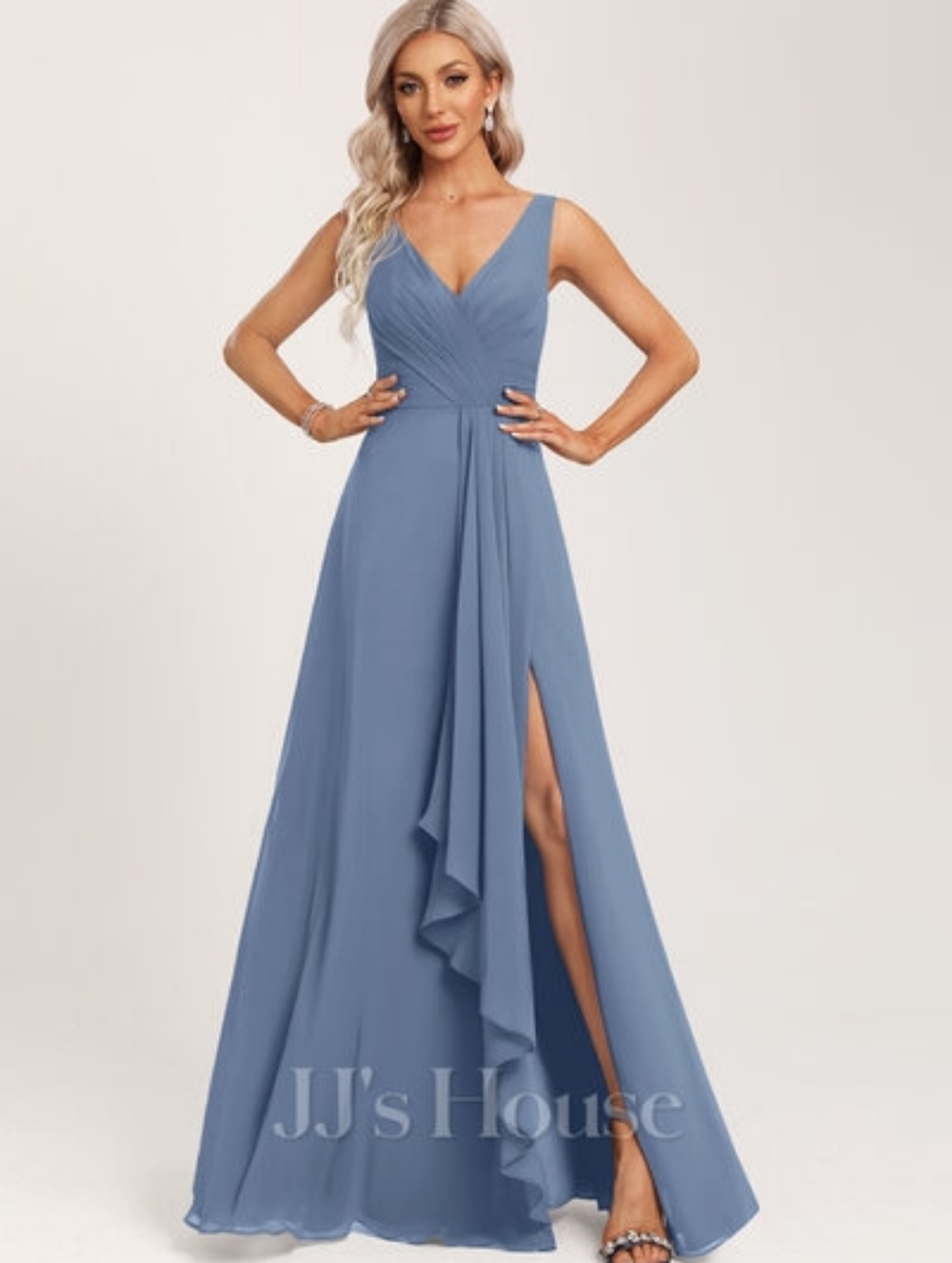 NWT JJs House Lucaya Slate Blue V-Neck A-line Ruffle Chiffon Maxi Dress 26W